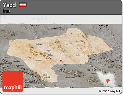 Satellite Panoramic Map of Yazd, darken, semi-desaturated