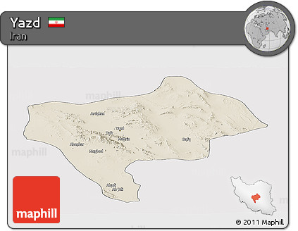 Shaded Relief Panoramic Map of Yazd, cropped outside