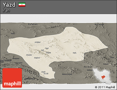 Shaded Relief Panoramic Map of Yazd, darken