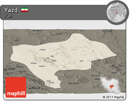 Shaded Relief Panoramic Map of Yazd, darken