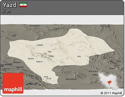 Shaded Relief Panoramic Map of Yazd, darken