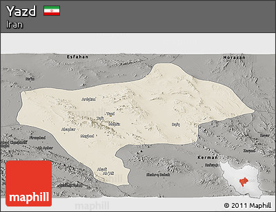 Shaded Relief Panoramic Map of Yazd, darken, semi-desaturated