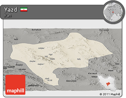 Shaded Relief Panoramic Map of Yazd, darken, semi-desaturated