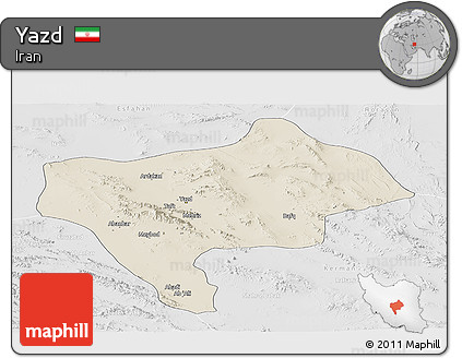 Shaded Relief Panoramic Map of Yazd, lighten, desaturated