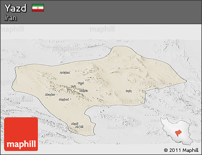 Shaded Relief Panoramic Map of Yazd, lighten, desaturated