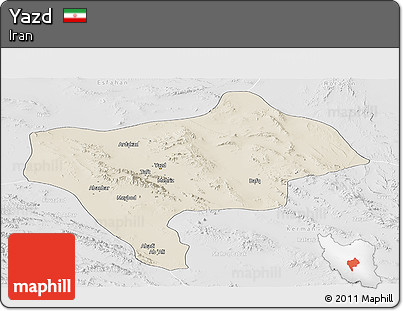 Shaded Relief Panoramic Map of Yazd, lighten, desaturated
