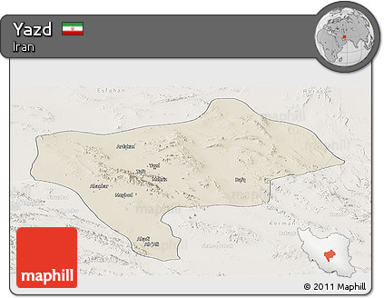 Shaded Relief Panoramic Map of Yazd, lighten