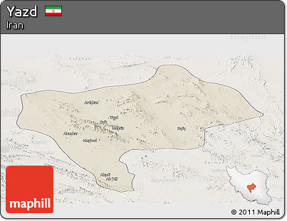 Shaded Relief Panoramic Map of Yazd, lighten