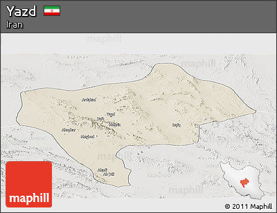 Shaded Relief Panoramic Map of Yazd, lighten, semi-desaturated