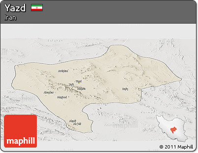 Shaded Relief Panoramic Map of Yazd, lighten, semi-desaturated