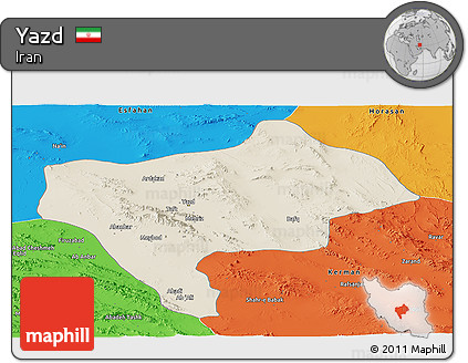 Shaded Relief Panoramic Map of Yazd, political outside