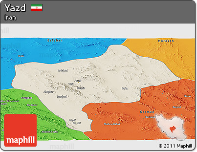 Shaded Relief Panoramic Map of Yazd, political outside