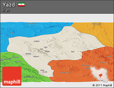 Shaded Relief Panoramic Map of Yazd, political outside