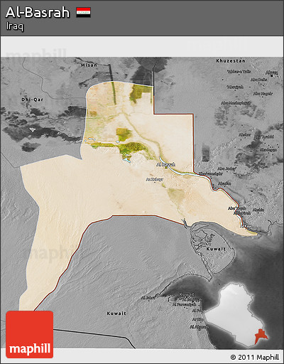 Satellite 3D Map of Al-Basrah, darken, desaturated