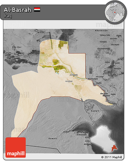 Satellite 3D Map of Al-Basrah, darken, desaturated