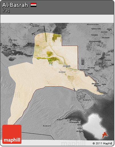 Satellite 3D Map of Al-Basrah, darken, desaturated
