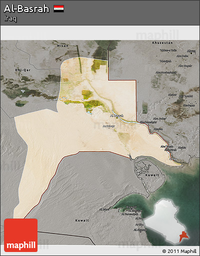 Satellite 3D Map of Al-Basrah, darken, semi-desaturated