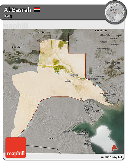 Satellite 3D Map of Al-Basrah, darken, semi-desaturated