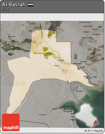 Satellite 3D Map of Al-Basrah, darken, semi-desaturated