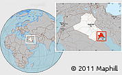 Gray Location Map of Al-Basrah, highlighted country, within the entire country, hill shading