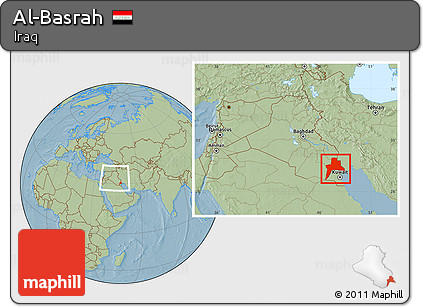 Savanna Style Location Map of Al-Basrah, within the entire country, hill shading