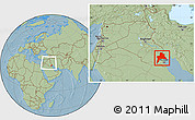 Savanna Style Location Map of Al-Basrah, within the entire country, hill shading