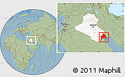 Savanna Style Location Map of Al-Basrah, highlighted country, within the entire country, hill shading