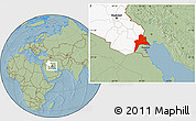 Savanna Style Location Map of Al-Basrah, highlighted country, hill shading
