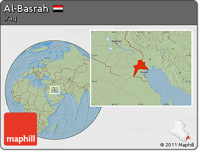 Savanna Style Location Map of Al-Basrah, hill shading