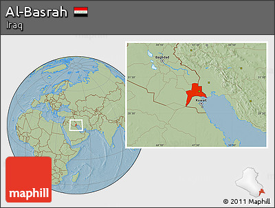 Savanna Style Location Map of Al-Basrah, hill shading