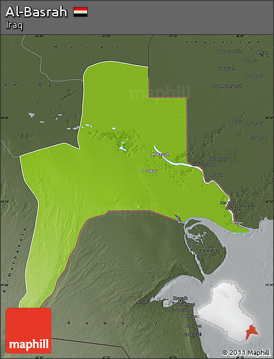 Physical Map of Al-Basrah, darken, semi-desaturated