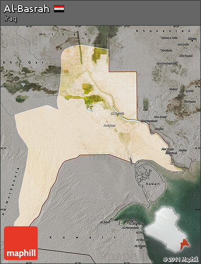 Satellite Map of Al-Basrah, darken, semi-desaturated