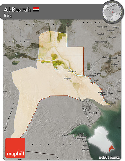 Satellite Map of Al-Basrah, darken, semi-desaturated