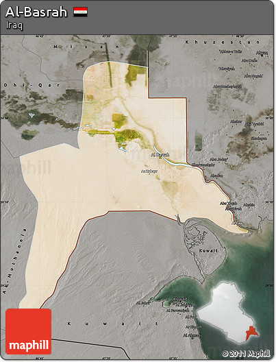 Satellite Map of Al-Basrah, darken, semi-desaturated