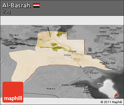 Satellite Panoramic Map of Al-Basrah, darken, desaturated