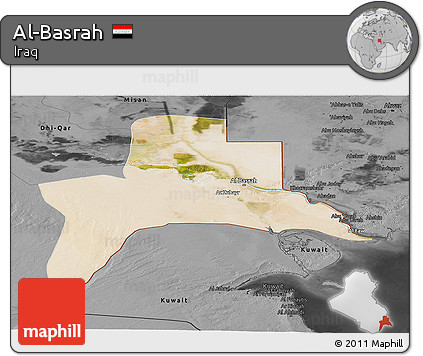 Satellite Panoramic Map of Al-Basrah, darken, desaturated