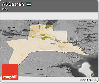Satellite Panoramic Map of Al-Basrah, darken, desaturated