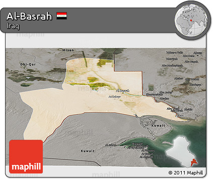 Satellite Panoramic Map of Al-Basrah, darken, semi-desaturated