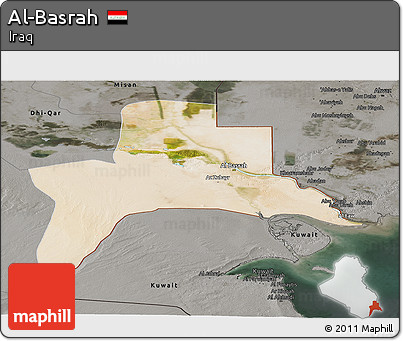 Satellite Panoramic Map of Al-Basrah, darken, semi-desaturated