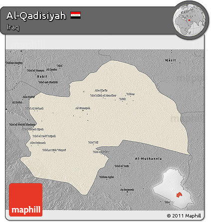 Shaded Relief 3D Map of Al-Qadisiyah, darken, desaturated