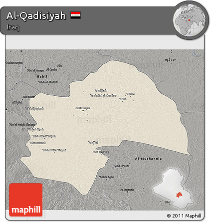 Shaded Relief 3D Map of Al-Qadisiyah, darken, semi-desaturated