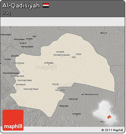 Shaded Relief 3D Map of Al-Qadisiyah, darken, semi-desaturated