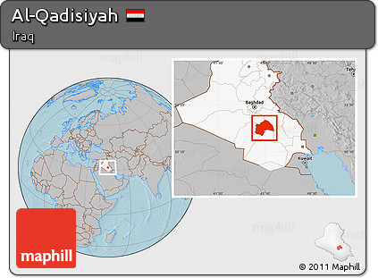 Gray Location Map of Al-Qadisiyah, highlighted country, hill shading