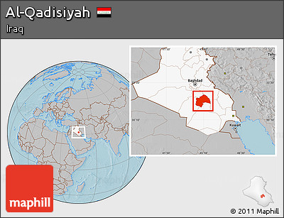 Gray Location Map of Al-Qadisiyah, highlighted country, hill shading