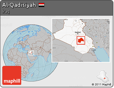 Gray Location Map of Al-Qadisiyah, highlighted country, hill shading