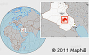 Gray Location Map of Al-Qadisiyah, highlighted country, hill shading