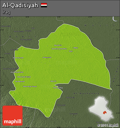 Physical Map of Al-Qadisiyah, darken, semi-desaturated