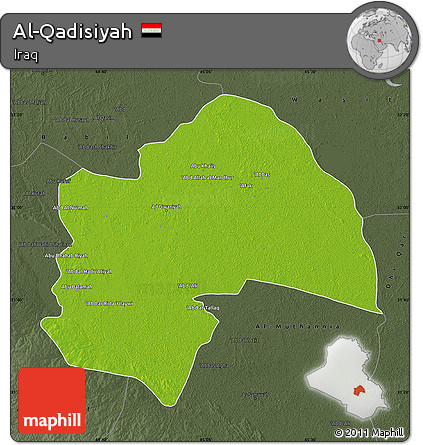 Physical Map of Al-Qadisiyah, darken, semi-desaturated