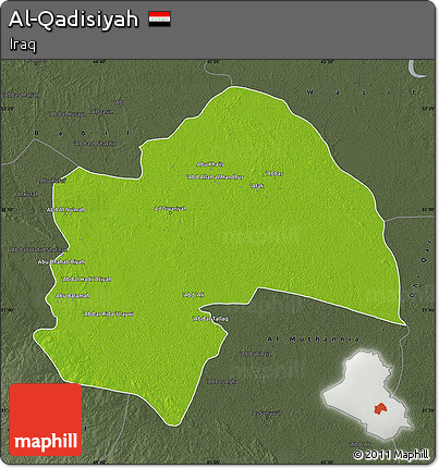 Physical Map of Al-Qadisiyah, darken, semi-desaturated