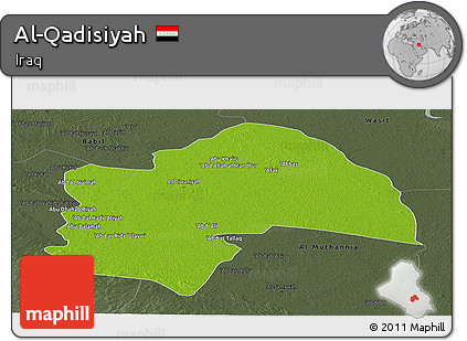 Physical Panoramic Map of Al-Qadisiyah, darken, semi-desaturated